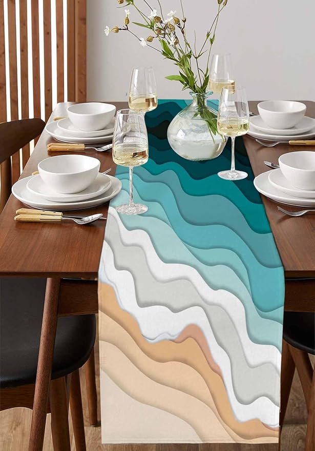 Turquoise Geometric Beach Short Table Runners 36 Inches, Cotton Linen Fabric - Image 2