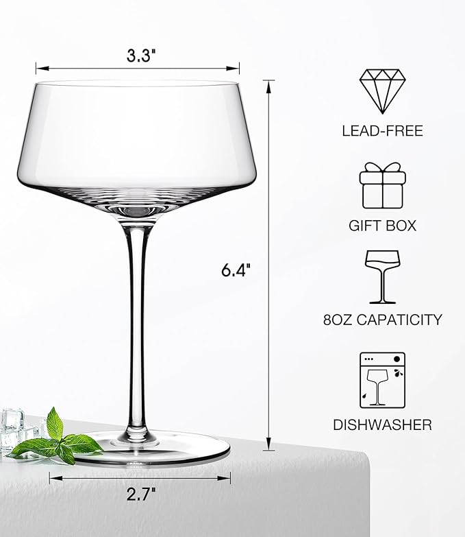 LUNA & MANTHA Coupe Glasses Set of 4, Martini Glasses Hand Blown Premium Crystal Cocktail Glassware for Manhattan, Margarita, Espresso Martini, Birthdays, Housewarming Gift,8oz Clear