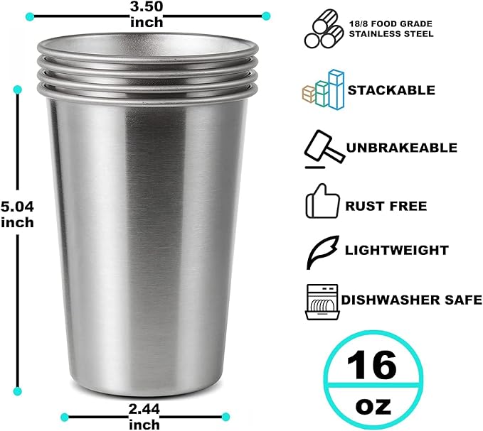 16 Pack 16oz Stainless Steel Pint Cup,Healthy Unbreakable and Stackable,Metal Drinking Glasses