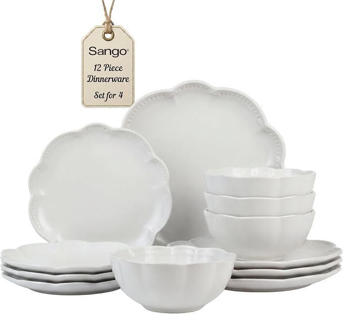 Sango Bethany 12 Pieces Scalloped White Plates & Bowls Set by Sango