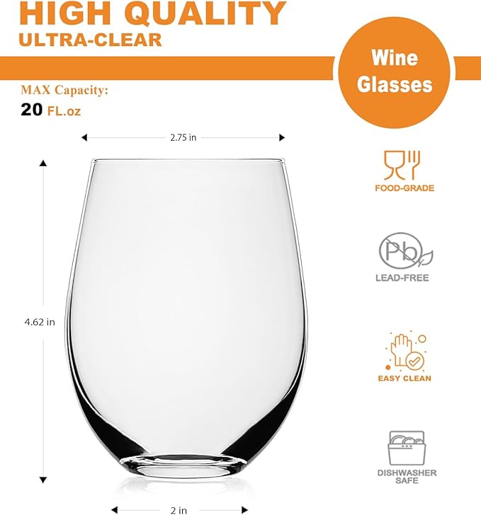 LUXU Stemless Wine Glasses(Set of 4)-20 oz,Crystal Wine Cups for Red or White Wine,Large Water Juice Glasses,No Stem Glass Beverage Cups,Clear Drinking Tumblers for Any Occasion