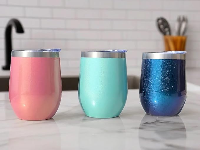 CHILLOUT LIFE 12 oz Stainless Steel Wine Tumbler with Lid - Double Wall Vacuum Insulated Wine Cup Glass Keeping Cold & Hot for Coffee, Champagne, Cocktails, Ice Cream - Blue Sparkle
