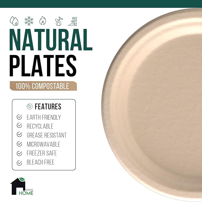 EconoHome 10 Inch Compostable Paper Plates [125-Pack] - Eco-Conscious Disposable Plates Made of Bagasse or Sugarcane Fiber - Microwave, Refrigerator-Safe - Heavy Duty Paper Plates for Dinner