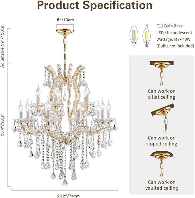 Modern Gold Chandelier Light Fixture - Large Maria Theresa Crystal Chandeliers for Dining Room, Kitchen Island, Living Room, Bedroom, 15 Lights, 2 Layers