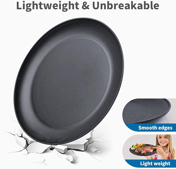 MISS BIG 10 inches Wheat Straw Plates,Plastic Plates Reusable Set of 4,Dinner Plates for Kids&Adults,Dishwasher & Microwave Safe,Eco-Friendly,BPA Free(Black)