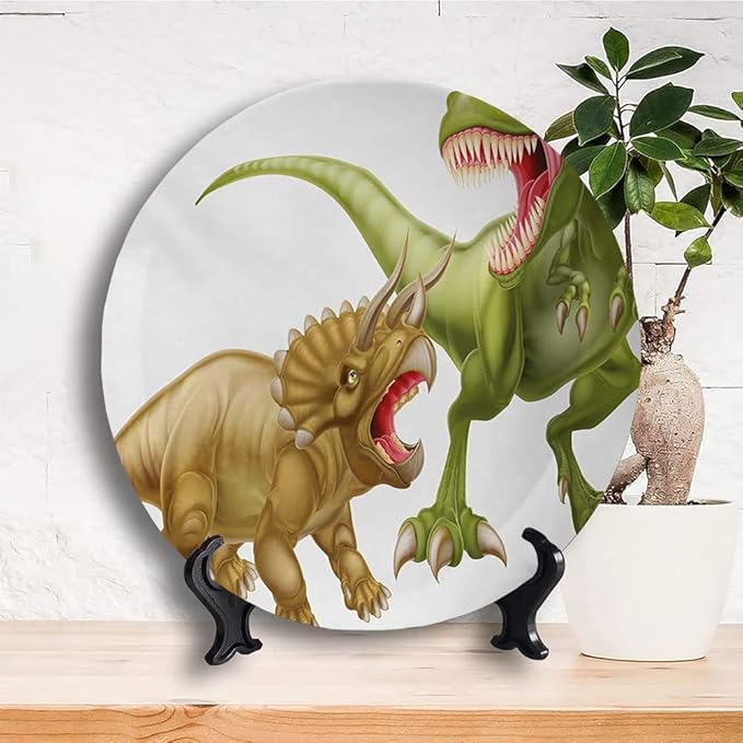 Decorative Plates, Dinosaur Print Ornament, Rex Versus Triceratops Scaring Each Other, 7 Inch, 1 Plate with 1 Display Stand, Green Pink Pale Brown