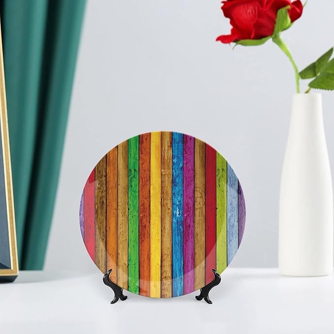 Ceramic Display Plate, Abstract Ceramic Hanging Decorative Plate, Vibrant Wooden Artistic Cheerful Art Rainbow Image, 10 Inch, Living Room Kitchen Decoration Household, Multicolor