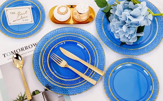 Nervure 150PCS Clear Blue Plastic Plates - Gold Party Plates - Blue and Gold Dinnerware Set Include: 50 Disposable Plate, 25Cups, 25Forks, 25Knives, 25Spoons for Wedding & Party & Hanukkah