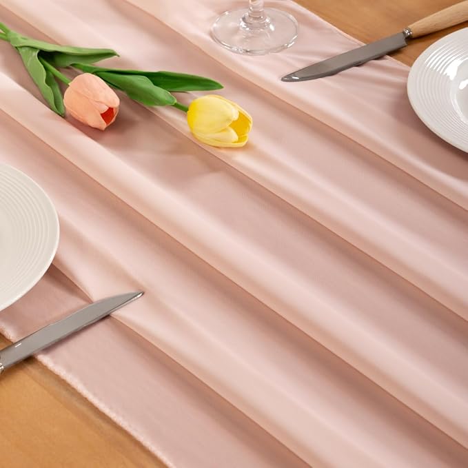 Peach Pink Chiffon Table Runner Summer Boho Wedding Birthday Party Decor | 14ft - Image 2