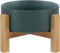 Raised Ceramic Cat Bowl - Cat Food Bowl with Bamboo Stand - Elevated Dog Food Dish for Puppies - Comfort Eating - 13.5 oz - 400 ml - Green