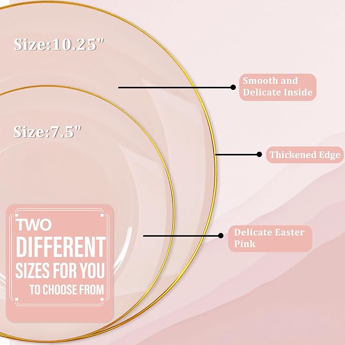Nervure 100Pieces Pink and Gold Plastic Plates - 7.5inch Disposable Pink Salad/Dessert Plates - Heavy Duty Plastic Plate Ideal for Wedding & Party