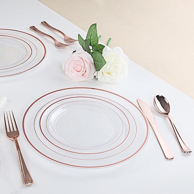 60 Pcs Rose Gold Plastic Plates, Disposable Party Set Include: 60 Clear Plastic - Image 5