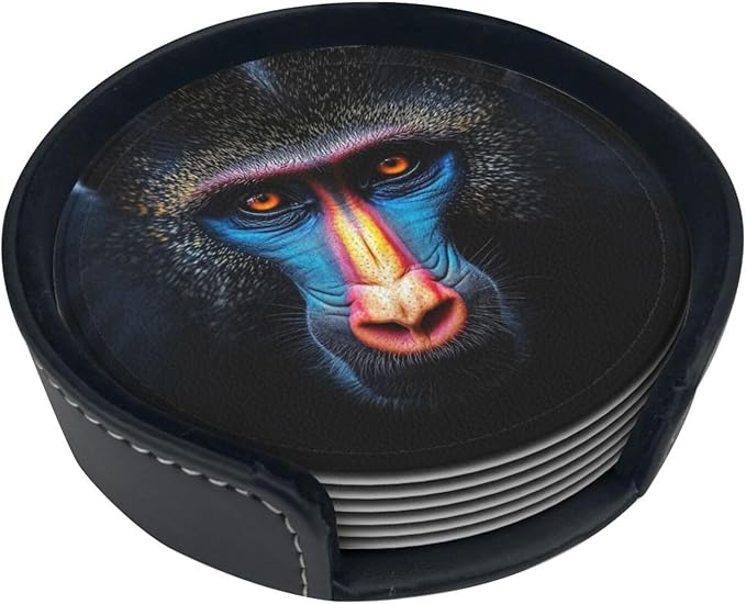 Mandrill face Printed Leather Coasters for Drinks, Set of 6 Drink Coaster Dining Room Decor Cup Coasters