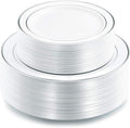 I00000 102pcs Silver Plastic Plates, Disposable Plastic Party Plates with White Silver Rim Fancy Wedding Party Plates Include 51 Dinner Plates 10.25" and 51 Dessert Appetizer Plates 7.5"