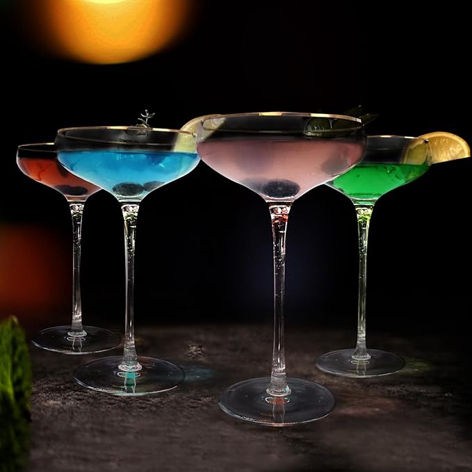 Vintage Coupe Glasses Set of 4, Tall Stemmed Martini Glasses, Gold Rim Cocktail Champagne Glasses, Perfect for Bar, Martinis, Margaritas, Parties, Ideal Gift Choice, 7.7oz Clear