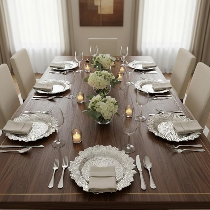 LOYALHEARTDY 24 Pack 13 Inch Silver Charger Plates, Plastic Reef Textured Rim Round Decorative Underplates for Wedding, Party, Dinner Table