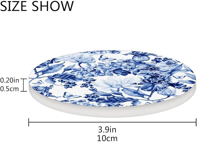 Coasters for Drinks Cup Coaster for Coffee Table Desk Round Cup Mat Cork Backing Home Decor Blue White Flowers Butterfly