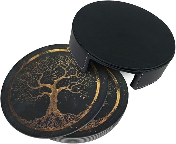Drink Coasters with Holder Stand Set of 6, Marble Gold Tree of Life Pu Leather - Image 7