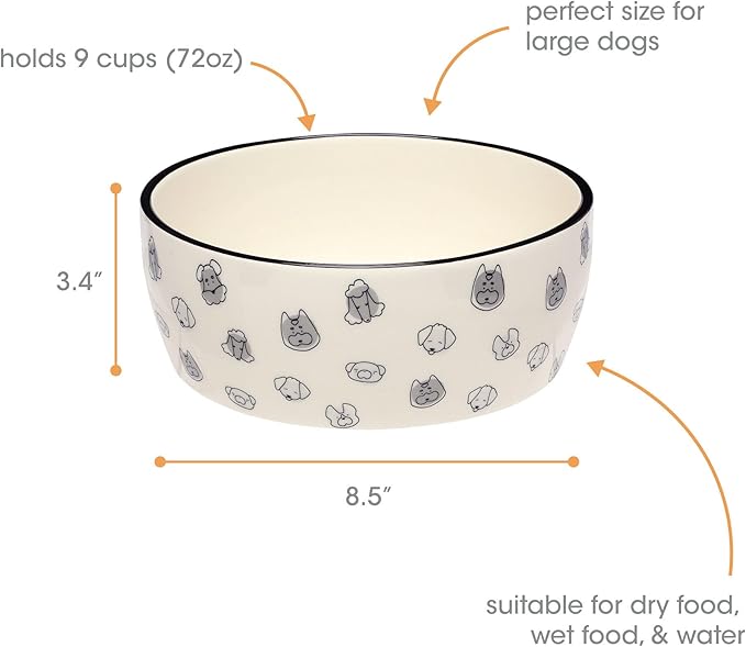 Pearhead Ceramic Dog Bowl, Holds 9 Cups, Dog Faces Pattern Stoneware Food and Water Dish, Microwave and Dishwasher Safe, XL (Pack of 6)