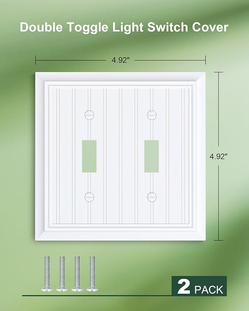 2-Pack Classic Beadboard Double Toggle Light Switch Cover Plate, Durable Natural Bamboo Fiber Decorative Switch Plate Covers, Pure White 2 Gang Wall Plate, Corrosion Resistant