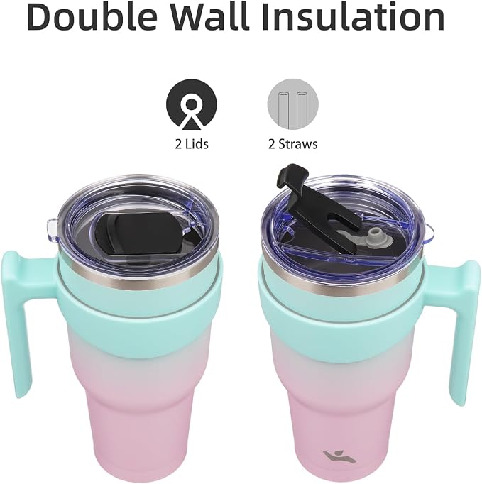 Konokyo 30 oz Tumbler with Handle and Straw, Insulated Travel Mug | Gum; - Image 3