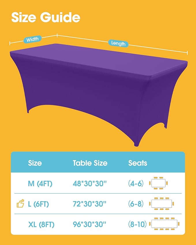 4-Pack Purple Spandex Tablecloths – 72"x30"x30" Stretch Fitted Table Covers for 6ft Rectangle Folding Tables, Wrinkle-Resistant Tablecloth for Wedding, Banquet & Outdoor Events