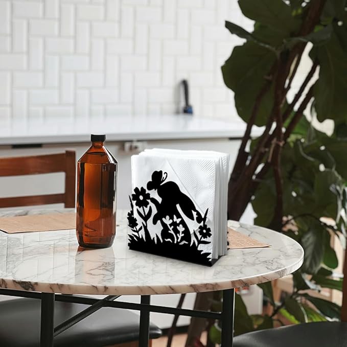Rabbit Flower Decorative Black Metal Napkin Holder for Table, 5.3" x 4.9" x 1.9" Bunny Butterfly Animal Standing Napkin Holder for Home Kitchen Restaurant Picnic Party Coffee Bar Dining Room