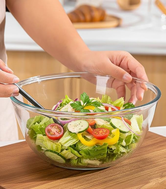 6QT Large Glass Mixing Bowl With Lid Extra Large Clear Glass SaladCooking Bowl for Bread Making Food Prep Baking & Storage Multi-Use Set Sourdough Salad