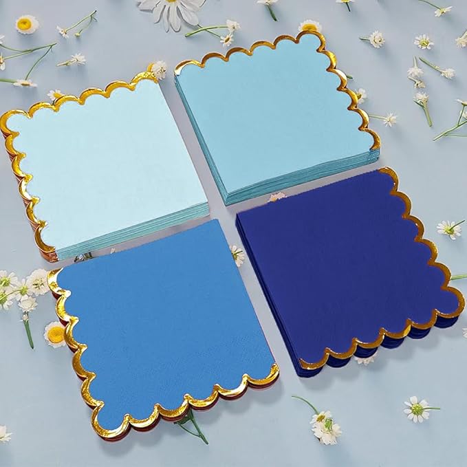 100 pack Blue Cocktail Napkins with Gold Foil Accents Scalloped Edges 5 x 5 inch Beverage Disposable Napkin Party Decoration Wedding Bridal and Baby Shower Dinner Lunch Supplies