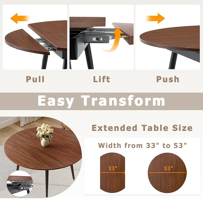 53” Round Dining Table Set for 6｜7 Piece Wood Dining Table Set｜Extendable Dining Room Table with 6 Chairs｜Walnut Wooden Tabletop with Metal Legs｜Easy Assembly｜Space Saving｜for Kitchen, Living Room