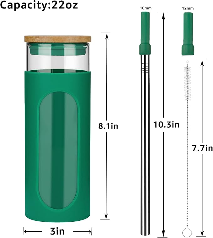 Tronco 22oz Glass Tumbler with Bamboo Lid and Straw, Reusable Iced Coffee Cup for Boba Tea, Smoothies & Cold Drinks, Spill-Proof Glass Cup with Silicone Sleeve, Dishwasher Safe, BPA-Free (Pack of 1)