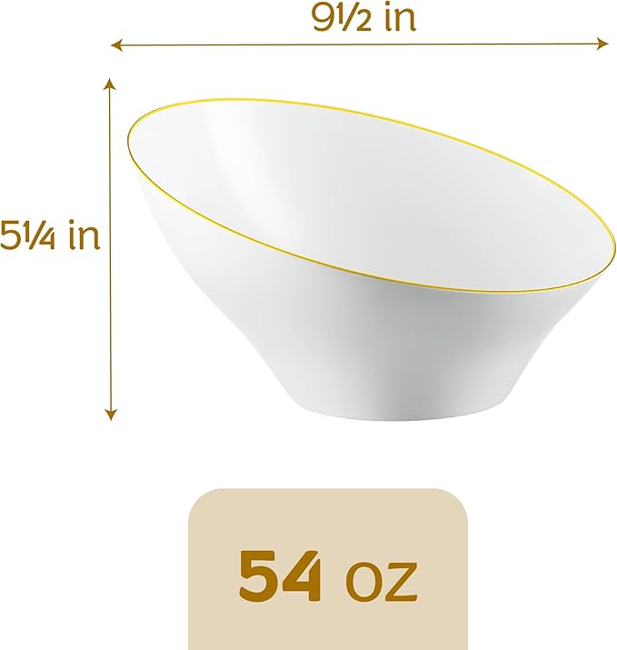 PLASTICPRO Angled Plastic Bowls Disposable Large Plastic White Serving Bowls with Gold Rim for Party for Appetizer Salads Pack of 4