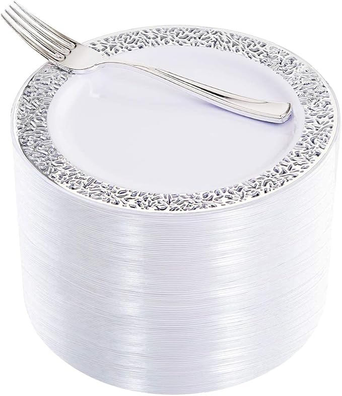 WDF 100pcs Silver Plastic Dessert Plates 7.5" with 100 Pieces Disposable Forks 7.4", Silver Plates Appetizer Plates Small Plates, Fancy Salad Plate and Cake Plate for Party Wedding Valentine's Day