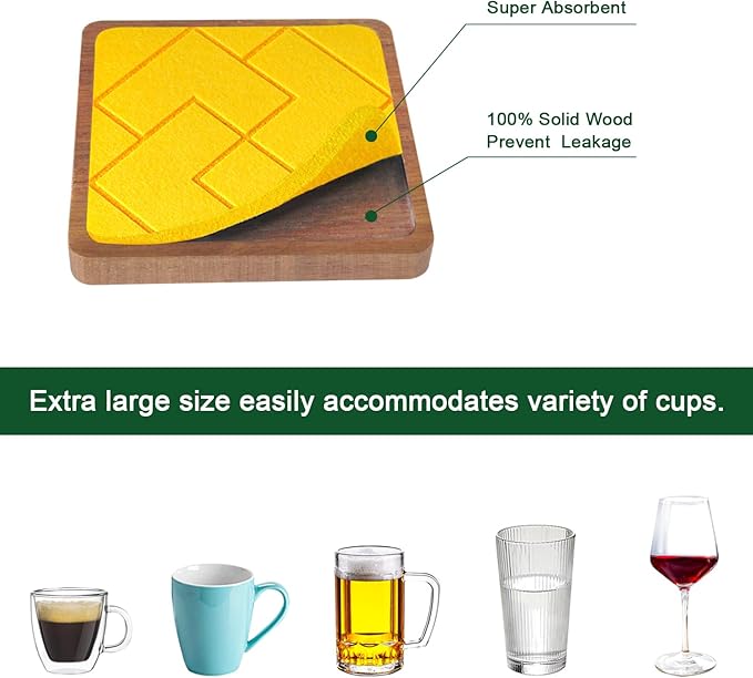 Square Coasters for Drinks Absorbent 5 Pack, EDEGG Wood Coasters for Coffee Tabletop Protection, Non-Slip, Non-Stick 4.1 Inches Colorful