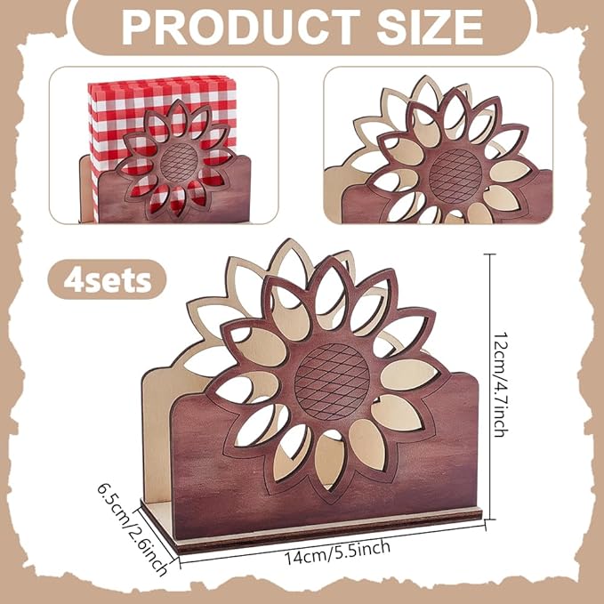 4 Sets Sunflower Napkin Holder, 5.51 x 2.56 x 4.72 Inch Wooden Cocktail Napkin Stand Wood Farmhouse Table Decor Rustic Kitchen Countertop Napkins for Kitchen Counter Dining Room