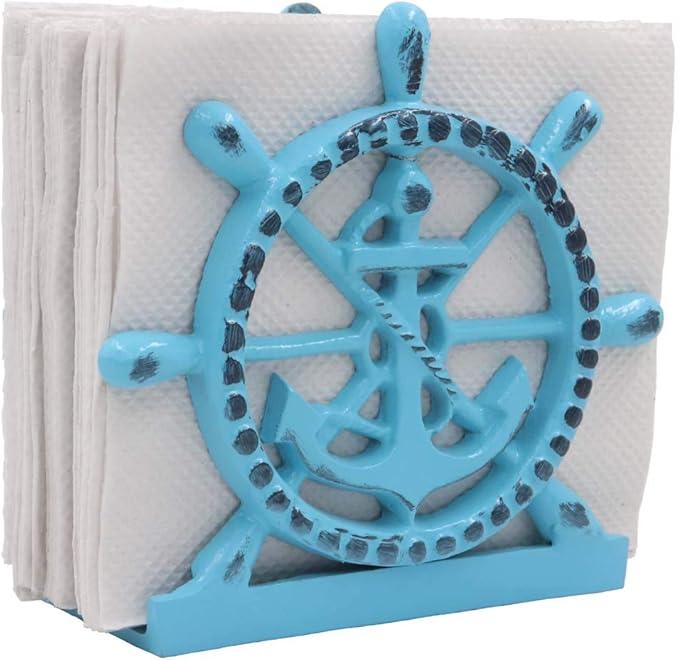 THDC Nautical Napkin Holder, Lunch, Dinner, Nautical Collection Napkin Holder, Made of Metal (Anchor Distressed Blue)