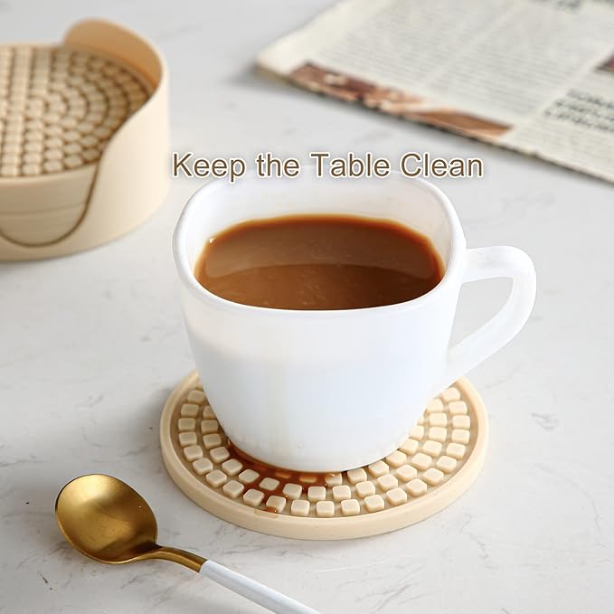 Colinda Silicone Drink Coasters with Holder, Set of 6, Outdoor Cup Mat for Hot or Cold Drinks, Thickened, Non-Slip,Non-Stick, Navy Blue