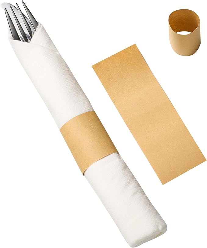 Germiwipe 500 Pcs 1.5×4.25 Inch Kraft Paper Napkin Rings - Self Adhesive Silverware Wraps Bands for Party Wedding Catering Restaurant Home Dinner Decor