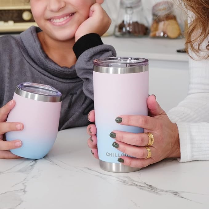 CHILLOUT LIFE 12 oz Stainless Steel Wine Tumbler with Lid - Double Wall Vacuum Insulated Wine Cup Glass Keeping Cold & Hot for Coffee, Champagne, Cocktails, Ice Cream - Powder Coated Pink/Teal