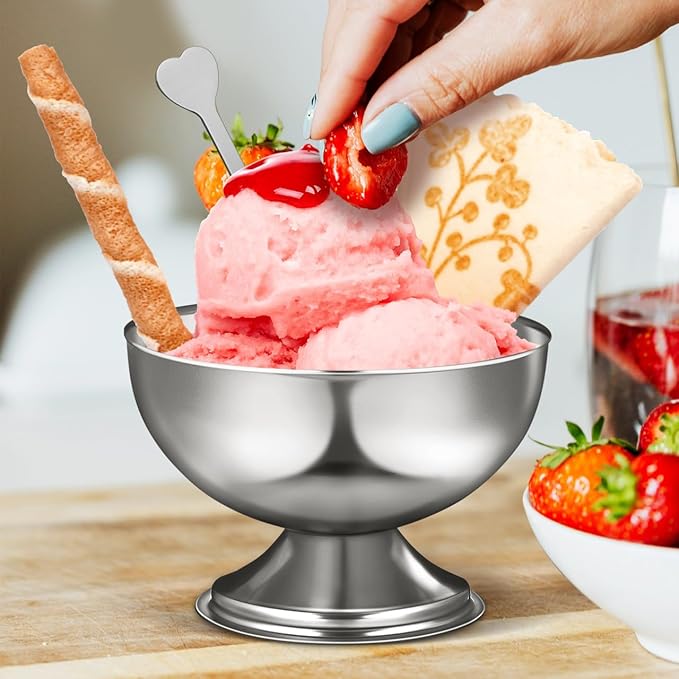 Totority Stainless Steel Ice Cream Bowls 4 Set – Footed Dessert Cups for Sundae, Yogurt, Pudding, Fruit Salad, Snacks Stackable Serving Dishes for Home Parties Restaurants with Modern Polished Look
