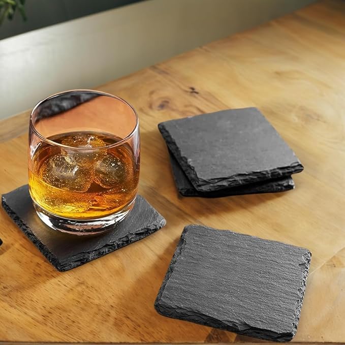 8 Pack 4 inch Round Slate Coasters with Metal Holder,Handmade Natural Rough Edge,with Integral Anti-Skid pad,Laser Engraving Blanks,Stone Coasters
