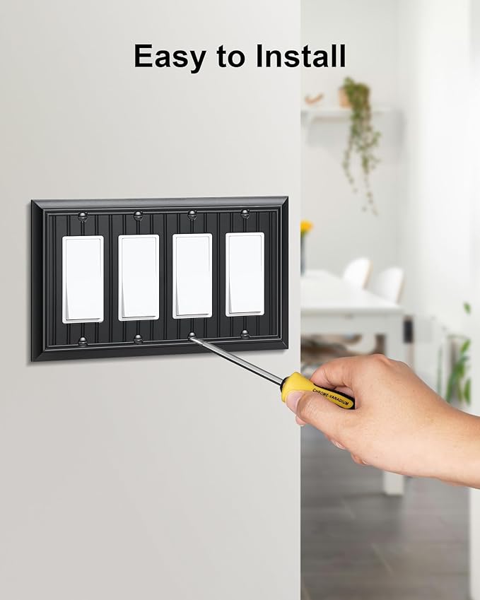 2-Pack Classic Beadboard Quad Decorator Wall Switch Cover, Black Decorative Switch Plates and Outlet Covers, Natural Bamboo Fiber 4 Gang Wall Plate for Electrical Outlets, Receptacle, GFCI Outlet