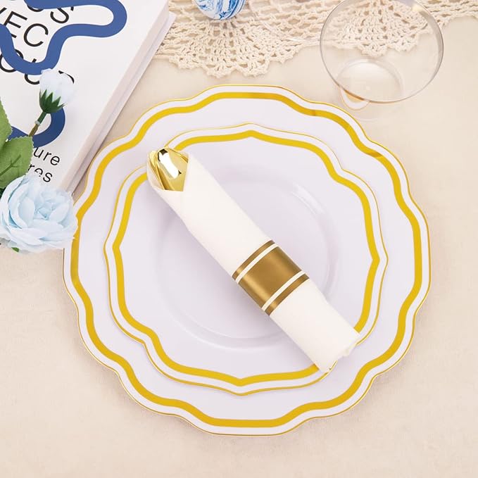 YOUBET 350 PCS White and Gold Plastic Plates - Disposable Plates for 50 Guests Tableware Includes 150 Gold Plastic Silverware, 50 Cups, 50 Napkins, for Wedding Party & Thanksgiving