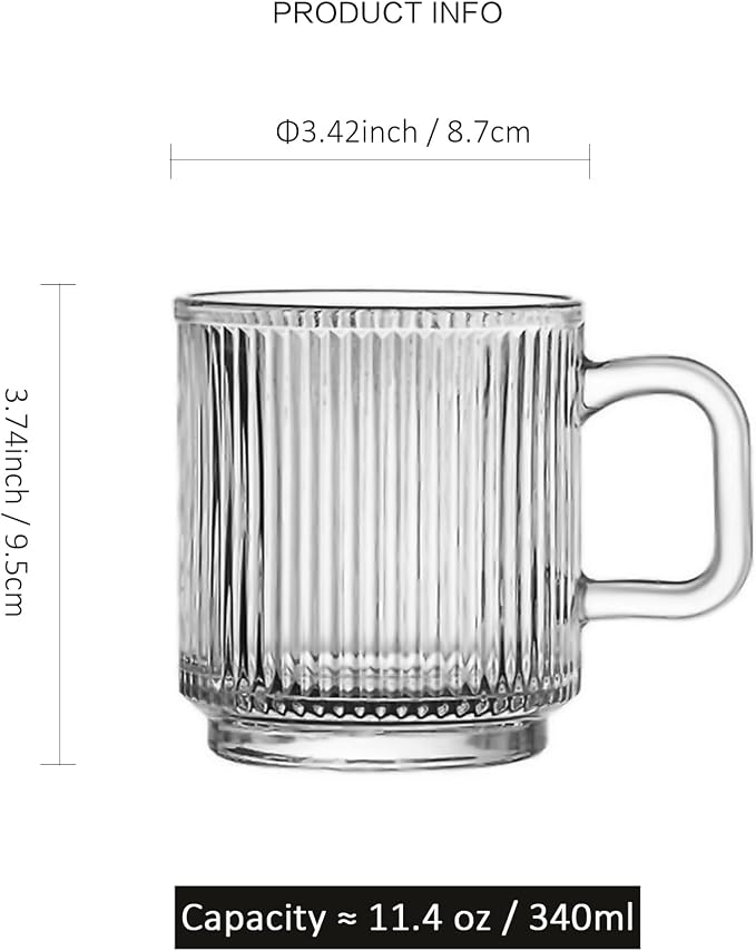 Glass Coffee Mugs 6 Pack - 12 OZ Premium Coffee Cups - Classic Vertical Stripes - Image 2