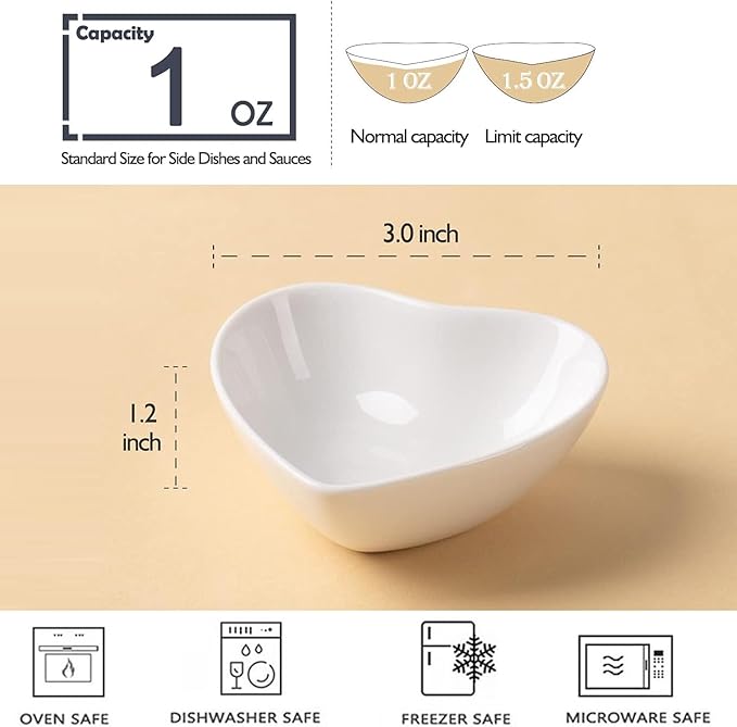 UIBFCWN 20 Pack Soy Sauce Dishes, White Heart Shaped Dip Bowls, Individual Dip Sauce Bowls, Small Serving Bowls for Side Dishes, Ketchup, Valentine's Day Wedding Party - 1oz