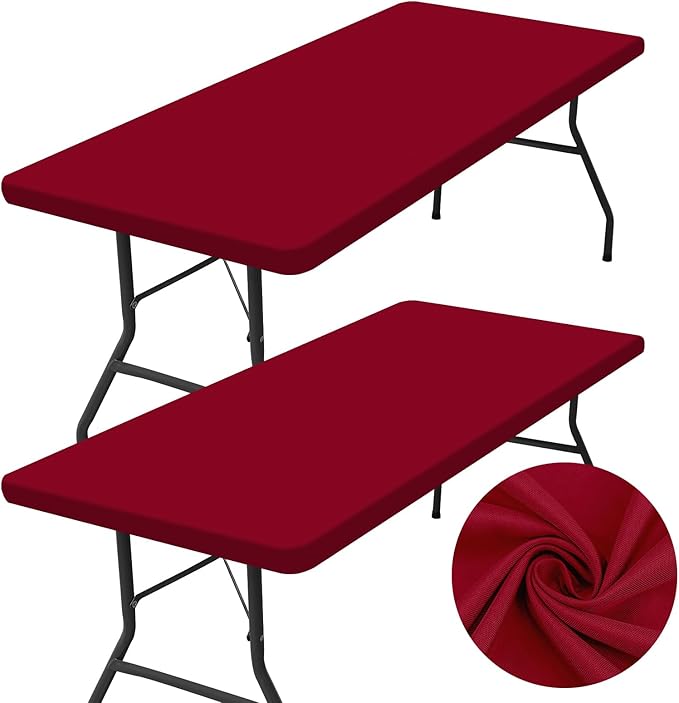 homing 2 Pack Rectangle Table Cloth, Elastic Fitted Fabric Tablecloth Fits for 6 Foot Folding Tables, Washable Table Cover for Picnic, Camping, Indoor & Valentine's Day (Wine Red, 30" x 72")