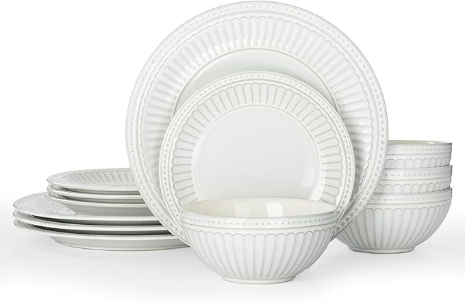 Famiware Garden Plates and Bowls Set, 12-Piece Dishes Set for 4, Scratch Resistant Kitchen Dishes Dinnerware Set - Microwave and Dishwasher Safe, Reactive Glaze and Embossed Stoneware, White