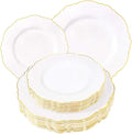 WDF 60pcs White and Gold Plastic Plates - Baroque White With Gold of 30 Heavy Duty Gold dinner plates 10.25inch, 30 Salad Plates 7.5inch Perfect for Weddings/Party/Birthday/Valentine's Days