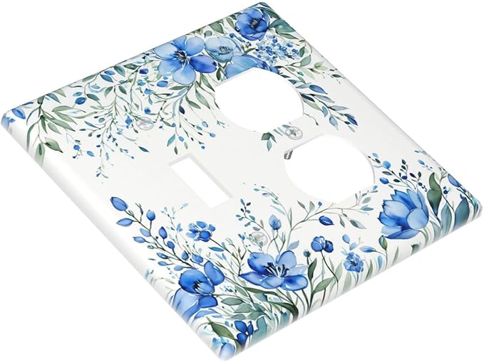 Light Switch Cover Plate Blue Watercolor Flowers Retro Floral Leaves 2 Gang Decorative Switch Plates 1 Toggle Duplex Combo Outlet Covers GFCI Wall Plates for Bathroom Bedroom Decor