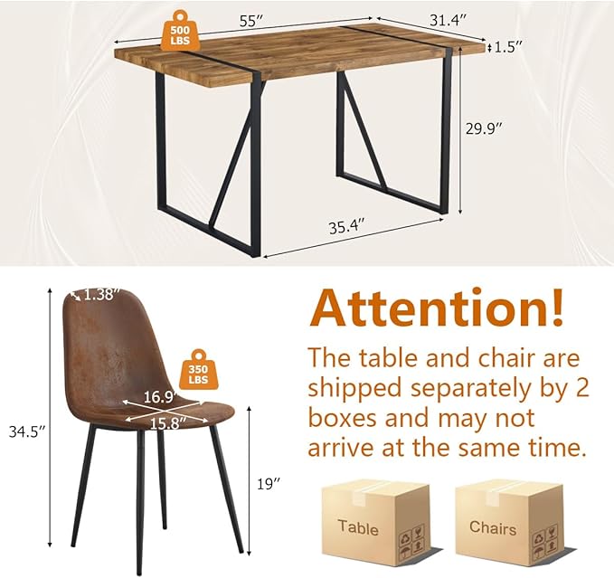 Dining Table Set for 4, Modern 55'' Dark Wood Dining Table wth Fabric Dining Chairs 4,Table and Chairs Set of 4,Ideal for Kitchen Dining Room
